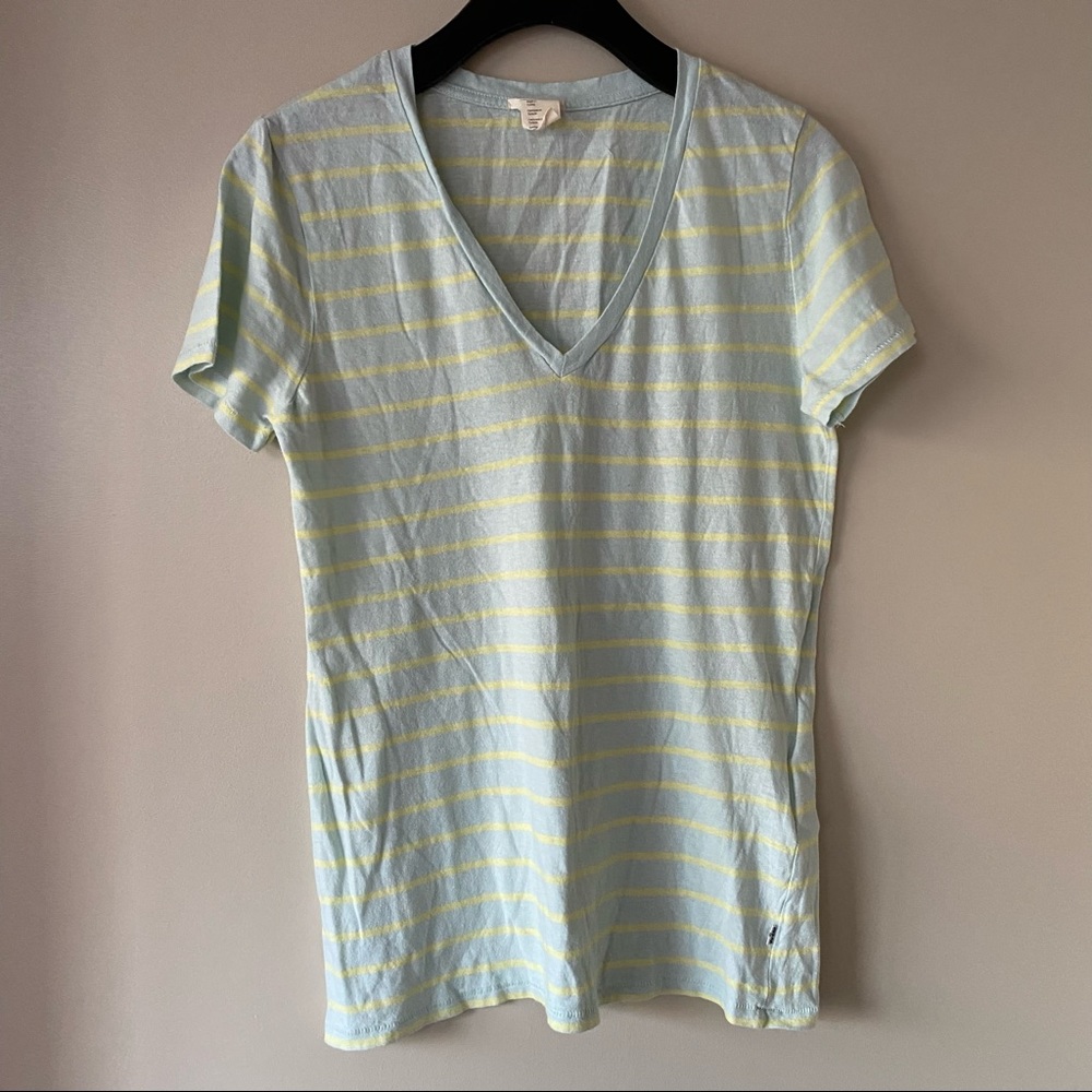 Levi's | Blue & Yellow Stripe V-Neck Linen Blend Short Sleeve T-Shirt, M